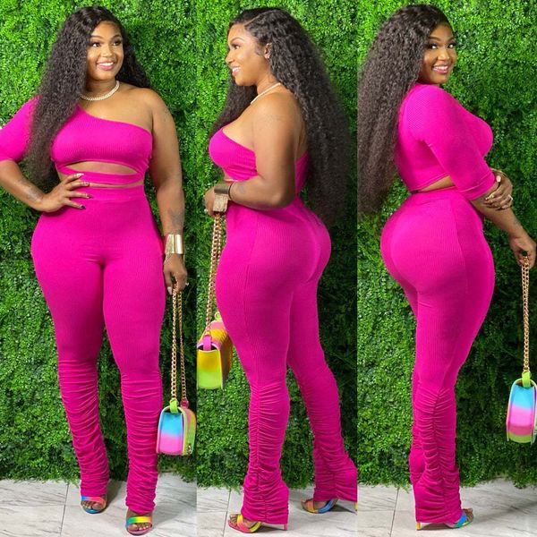 

женщины моды 2 piece set slim fit эластичный ребристые вязаная вскользь одно плечо выдалбливают crop top и long stracked плиссе брюки, White