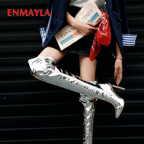 

enmayla 2020 patent leather high heel boots luxury shoes women designers pointed toe over-the-knee women boots size 34-43, Black