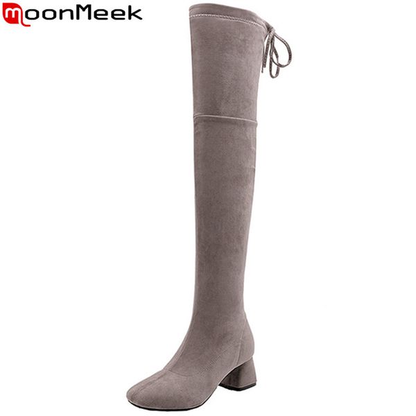 

moonmeek plus size fashion over the knee high boots women square toe flock high heels shoes flock elastic fabric boots female, Black