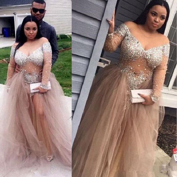 

Champagne Crystal Beaded Long Sleeve Evening Formal Dresses Sheer Neck Plus Size Off Shoulder Full length Occasion Prom Gowns