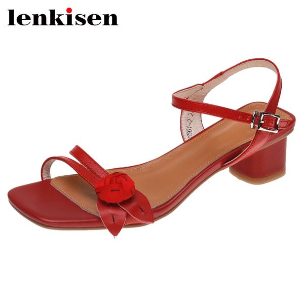 

lenkisen summer limited customization genuine leather peep toe med heel flower french romantic young lady cozy sandals women l02, Black