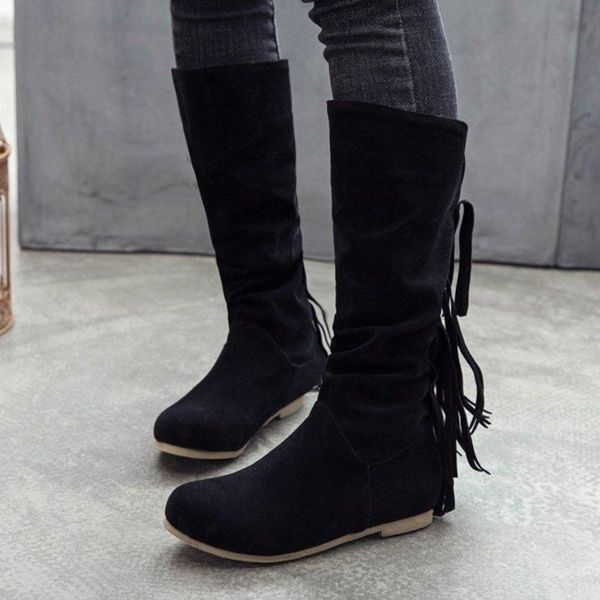 

women boots pu leather fringe retro casual womans booties gladiator low heel shoes ladies fashion botas mujer invierno tw583, Black