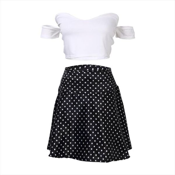 

womens fashion vintage set bodycon ladies off shoulder crop polka dot print skirt party evening short mini skirts, Gray