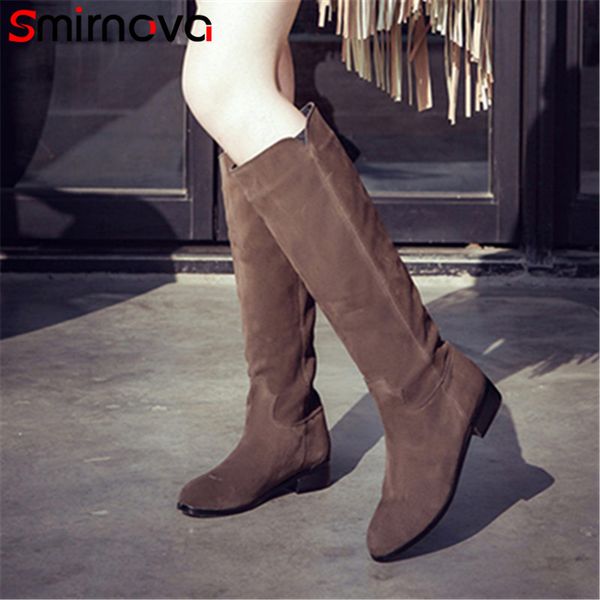 

smirnova new arrival 2020 prevail winter boots cow suede square heels round toe slip on solid simple women knee high boots, Black