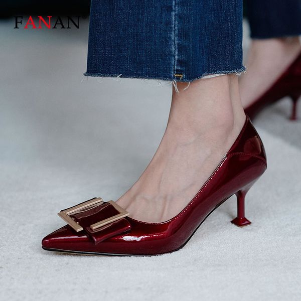 

fanan women pumps 6.5cm high heels 2020 white patent leather woman high-heeled shoes pointed toe party wedding shoes bride, Black