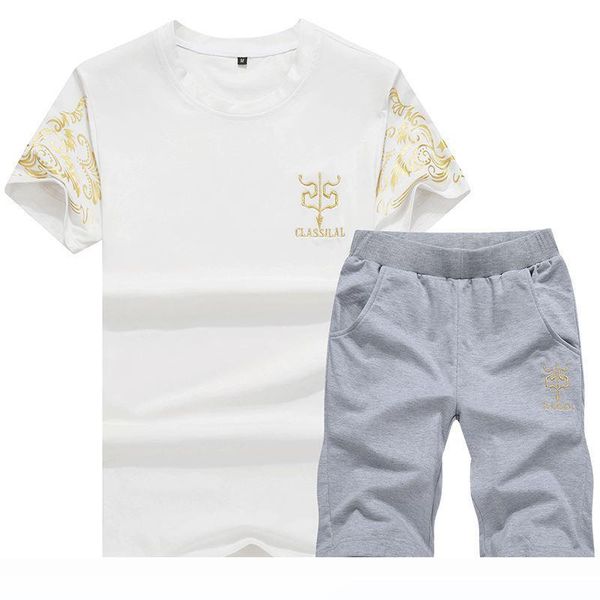 

mens fitness tracksuit set summer casual sporting suit men shorts sets short-sleeved shirt +shorts casual outwear suits d26, Gray