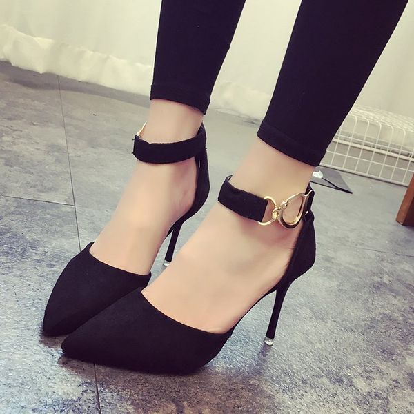 

spring korean-style hollow straight-line buckle shoes womens black thin heeled womens all-match high-heeled shoes