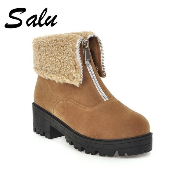 

salu 2020 fashion square heel pu leather snow boots ankle casual round toe women shoes autumn winter buckle zipper, Black