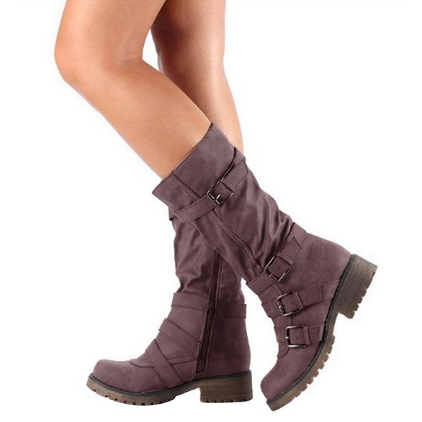 

2020 fashion buckle shoes for woman boots western autumn winter long pu leather solid boots round toe low heel snow, Black