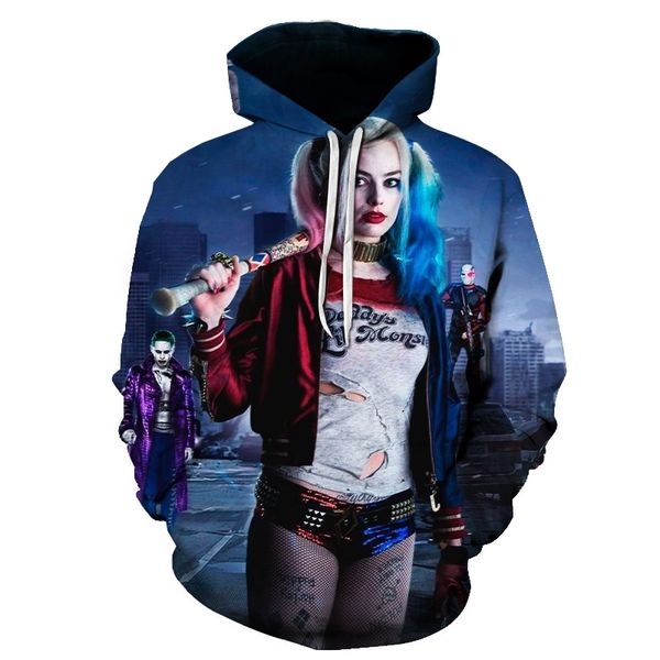 

2020 suicide squad jacket joker harley quinn 3d print sweatshirt men women funny hoodies streetwear harajuku halloween, Black