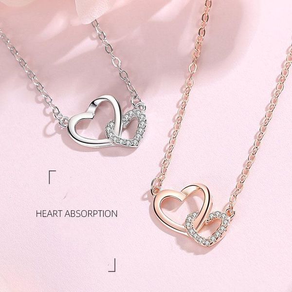 

wholesale s925 sterling silver double heart necklace ladies clavicle chain peach heart interlocking pendant love birthday gift for girlfrien