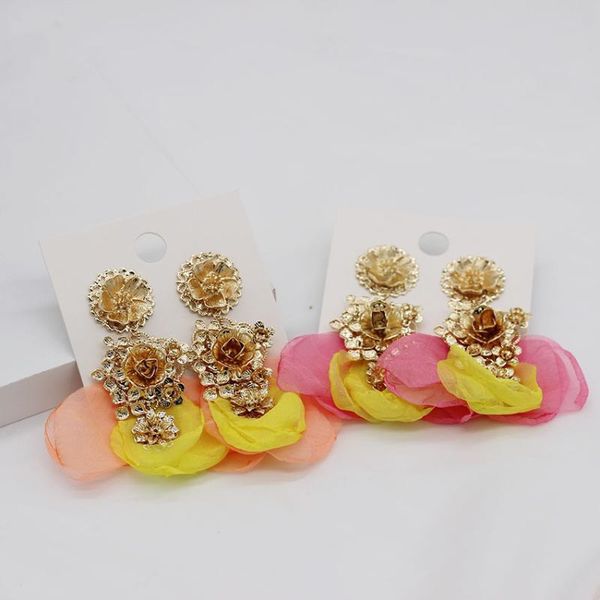 

new baroque metal flower lace petals long personality stud earrings exaggerated european and american fashion earrings 974, Golden;silver