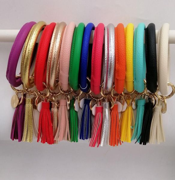 

dhl80pcs mixed colors pu leather o key chain custom circle tassel wristlet bracelet keychain women girl key ring wrist strap, Silver