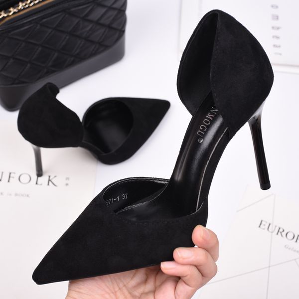 

2020 spring hollow high-heeled shoes women stiletto pointed shallow mouth black suede women's shoes single
