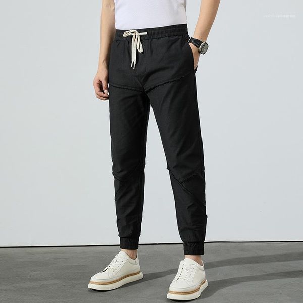 

pants loose drawstring elastic waist trousers male casual designer clothing mens summer fringe stitching harem pencil, Black