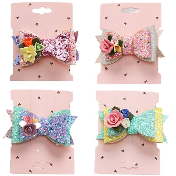 

12pcs handmade ins fashion cute glitter bow hairpins solid floral bowknot hair clips princess headwear boutique hair accessories, Slivery;white