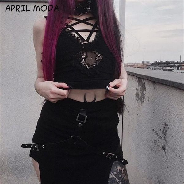 

2020 fashion women's lace mesh stitching vest gothic black v-neck tank party club slim backless vest streetwear s//l, White