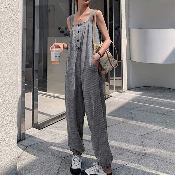 

zanzea 2020 stylish summer overalls women's check jumpsuits casual suspender backless rompers female playsuits pants oversized 7, Black;white