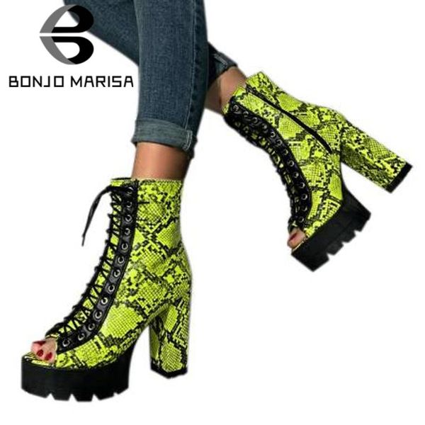 

bonjomarisa ladies summer punk змея печати мотоцикл сандалии прохладный шнуровке платформы сандалии женщин high heels block женская обувь, Black