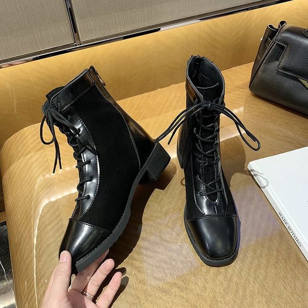 

women leather boots ankle boots female low heels shoes for women autumn lace up winter motorcycle 2020 new fashion shoes, Black