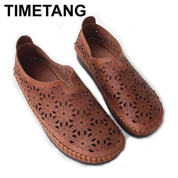 

timetang punch hollow flat soft sole single shoes retro breathable full pure leather upper leather layer cowhide women's shoes, Black