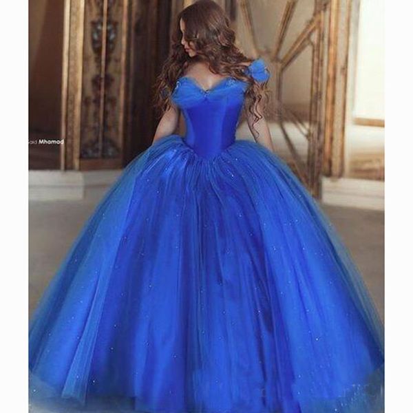 Romantico Cenerentola Abiti Quinceanera con spalle scoperte Organza Azzurro dolce 16 Prom Dress Party Wear Cosplay Dress317P