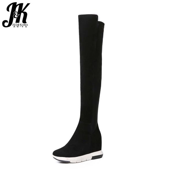

jk leisure style stretch over the knee boots natural leather suede winter boots height increasing rubber women shoes 2020, Black