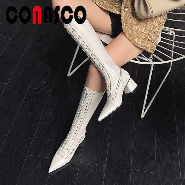 

conasco new women knee-high boots autumn winter pointed toe genuine leather narrow band side zipper slim long shoes woman boots, Black