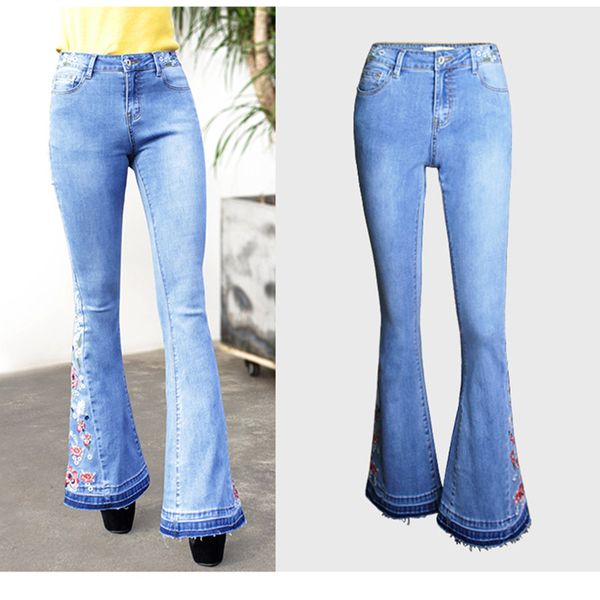 

women's pants & capris flare denim bell-bottom floral embroidered blue jeans wide-leg trousers high street, Black;white