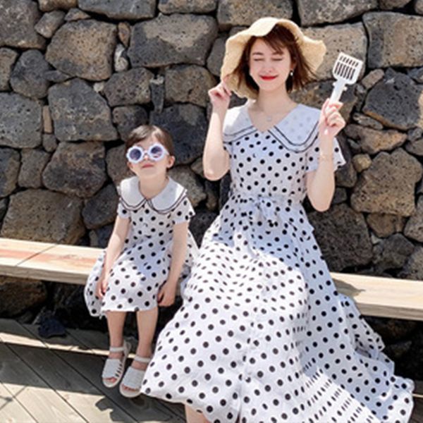 

doll collar mommy and me family dress summer short sleeve dot print mother daughter dresses family matching clothes look, Blue