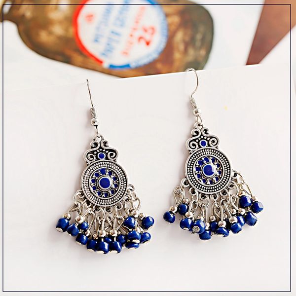 

dangle & chandelier retro women's blue beads tassel jhumki earrings jewelry ethnic bohemia silver color alloy drop