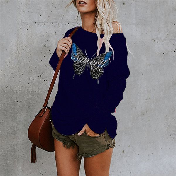 

butterfly women tshirts plus size designer printed long sleeve o neck spring autumn loose women, White