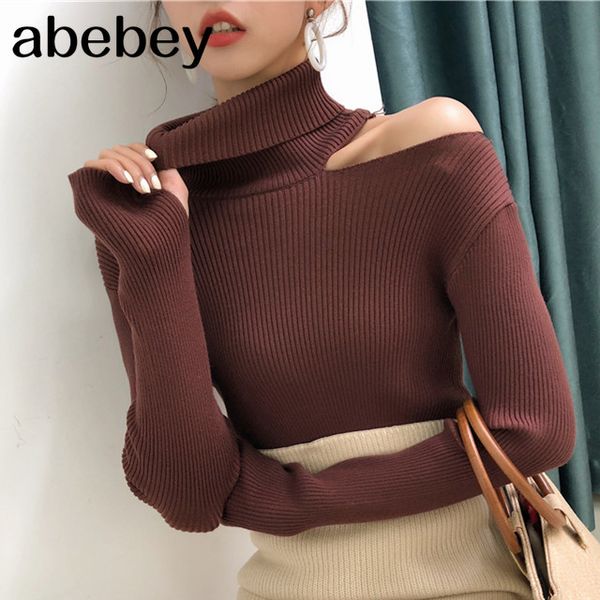 

2020 women pullover sweater knitted autumn winter turtleneck hollow out off shoulder casual female jumpers sw755, White;black