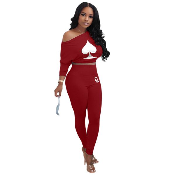 

women tracksuit fashion spades q pattern suits casual off shoulder crop pencil pants women two piece outfits, Gray