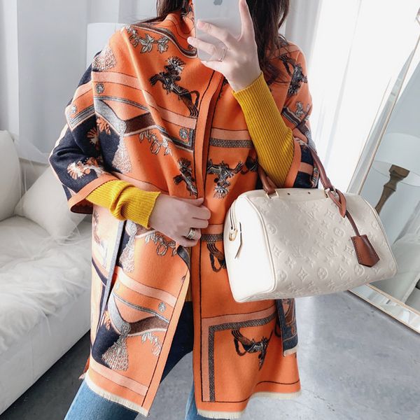 

women brand cashmere scarf winter warm shawls and wraps luxury horse print chain lady scarves thick blanket foulard, Blue;gray