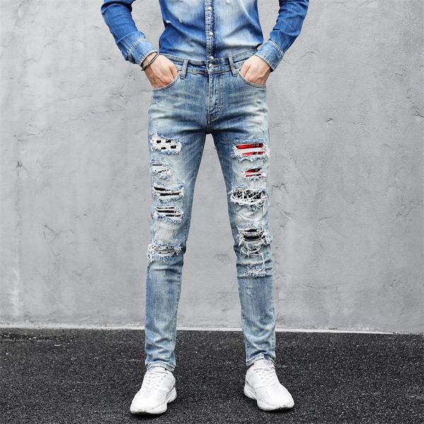 

мужская мода camoflague тонкий hip hop rock брюки роскошь мужчины узкие джинсы классический бренд хип-хоп печати тонкий мотоциклов рваные дж, Blue