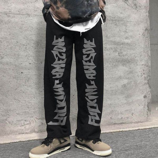 

casual gothic punk pants men clothes bottom korean wild loose wide-leg elastic waist dark letter print sports trousers streetwea, Black