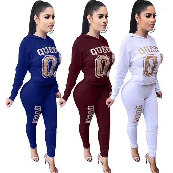 

color clothing hooded sects fashion apparel women golden letter printed suits casual 2pcs pants solid, White