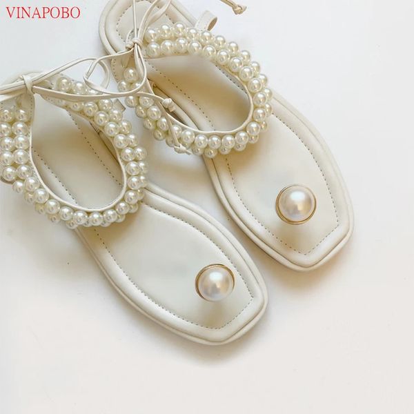 

pearl flip flops women flat shoes square toe ankle strap sandals female fashion summer slipper back bow designer show woman 2020, Black