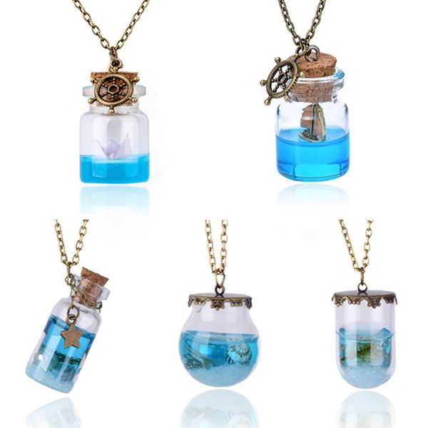 

women necklaces ocean glass bottle pendant chain vintage mermaid tears shells necklace wish bottle jewelry for women girls, Silver