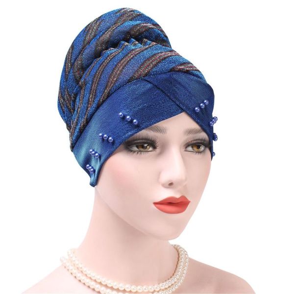 

women headscarf turbante muslim cap luxury magic velvet nigerian casual turban diamante bandanas head wrap headscarf striped, Blue;gray