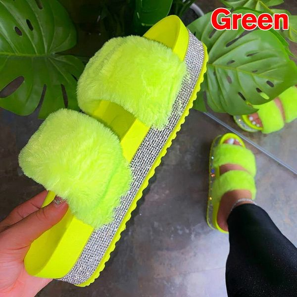 

ins bling women's plush slippers fur slides rhinestones flat women platform sandals fashion casual shoes comfortable plus size, Black