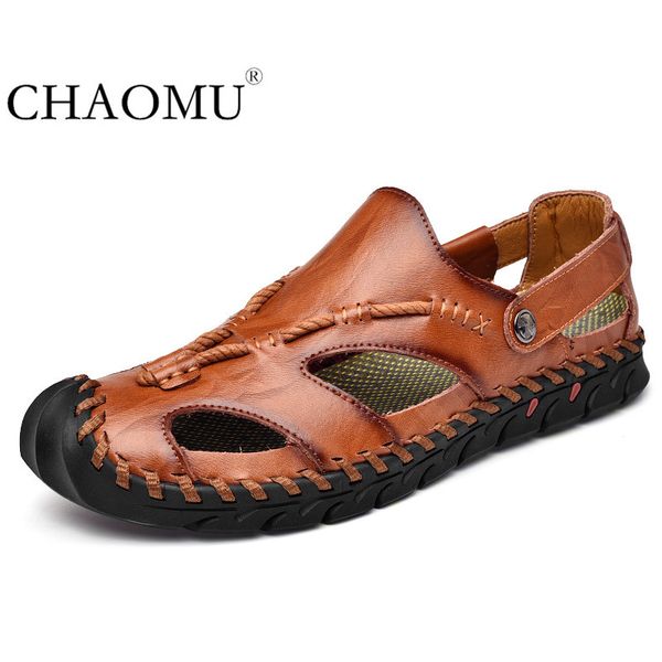 

summer leather men's sandals breathable holes shoes men's sandals outdoor leisure baotou beach shoes cool, Black