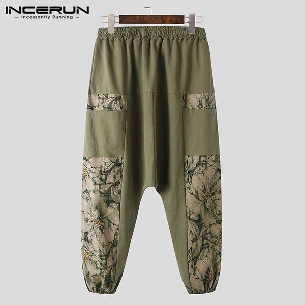

incerun cotton men casual pants print patchwork streetwear joggers harem pants elastic waist retro 2020 drop crotch trousers men, Black