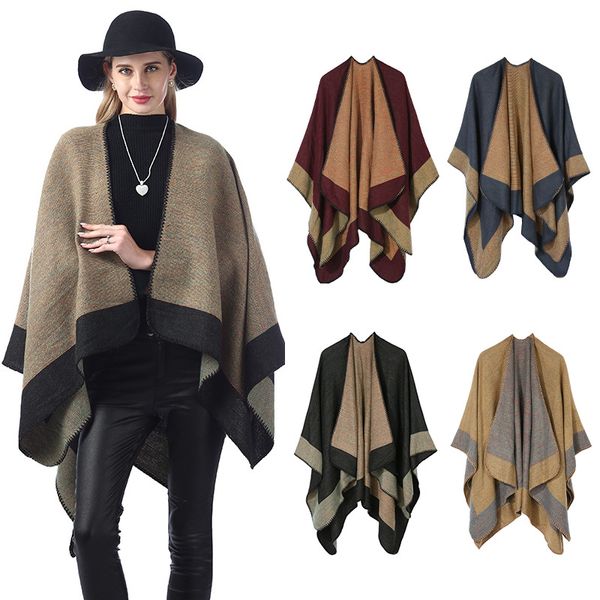 

scarves lady's color contrast edge scarf in winter patchwork thickening shawl autumn women's yellow warm, Blue;gray