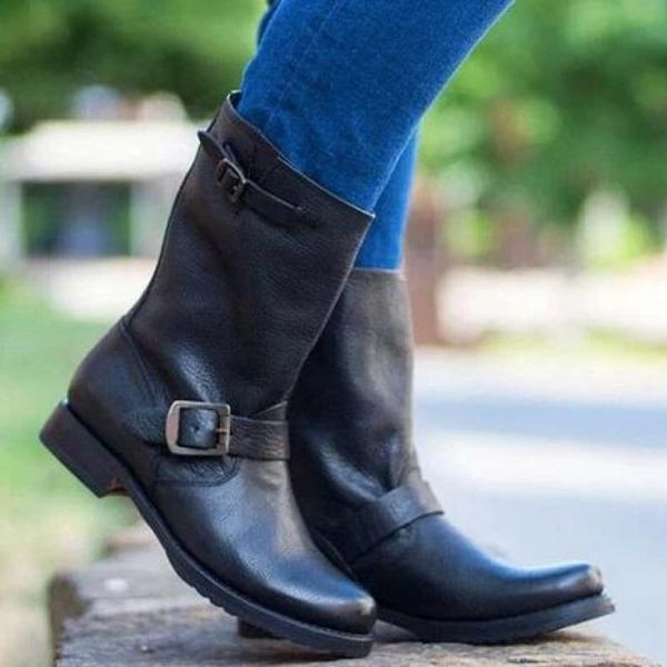 

womens boots retro buckle leather boots handmade pu leather mid-calf booties women high fashion casual shoes 35-43, Black