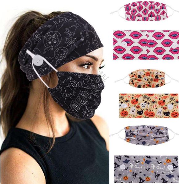

mask headband two-piece set halloween print fitness yoga turban luxurys designers face masks headband button anti ear protective 2020 d82704, Black