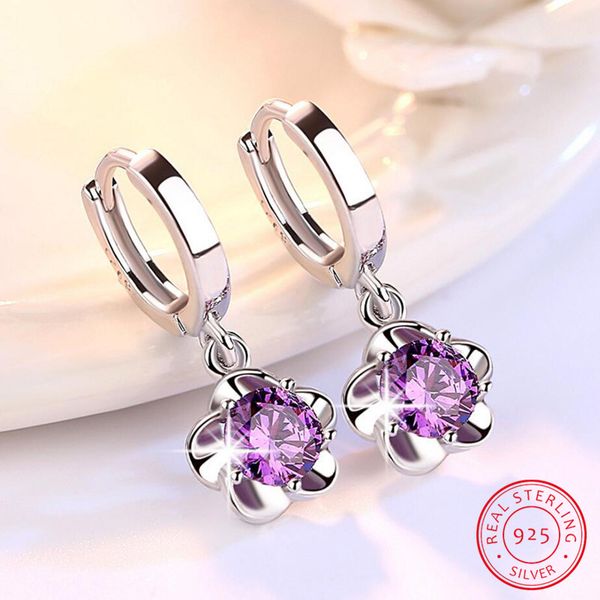 

hoop & huggie plum blossom peony flower purple red crystal 925 sterling silver earrings jwelry for women oorringen zilver, Golden;silver