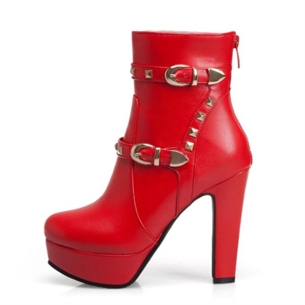 

rivet ankle boots for women fashion high heels women's boots platform autumn winter motorcycle party shoes large size, Black
