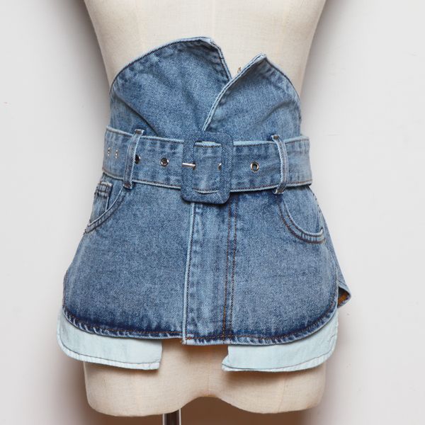

vintage washed denim fabric waist belts women super wide detachable jean belts corset caestus belt shirt blouse belt decoration, Black;brown